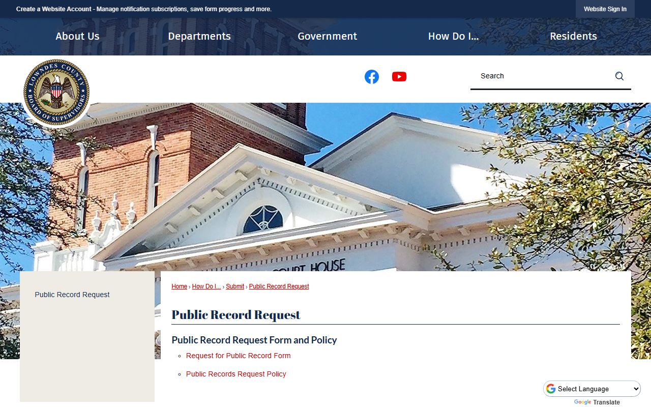 Lowndes County public records request page for court records