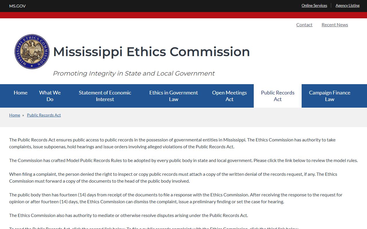 Mississippi Ethics Commission public records help for Lowndes County requests