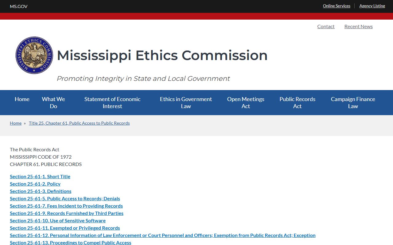 Mississippi Public Records Act page guiding Lowndes County court records access