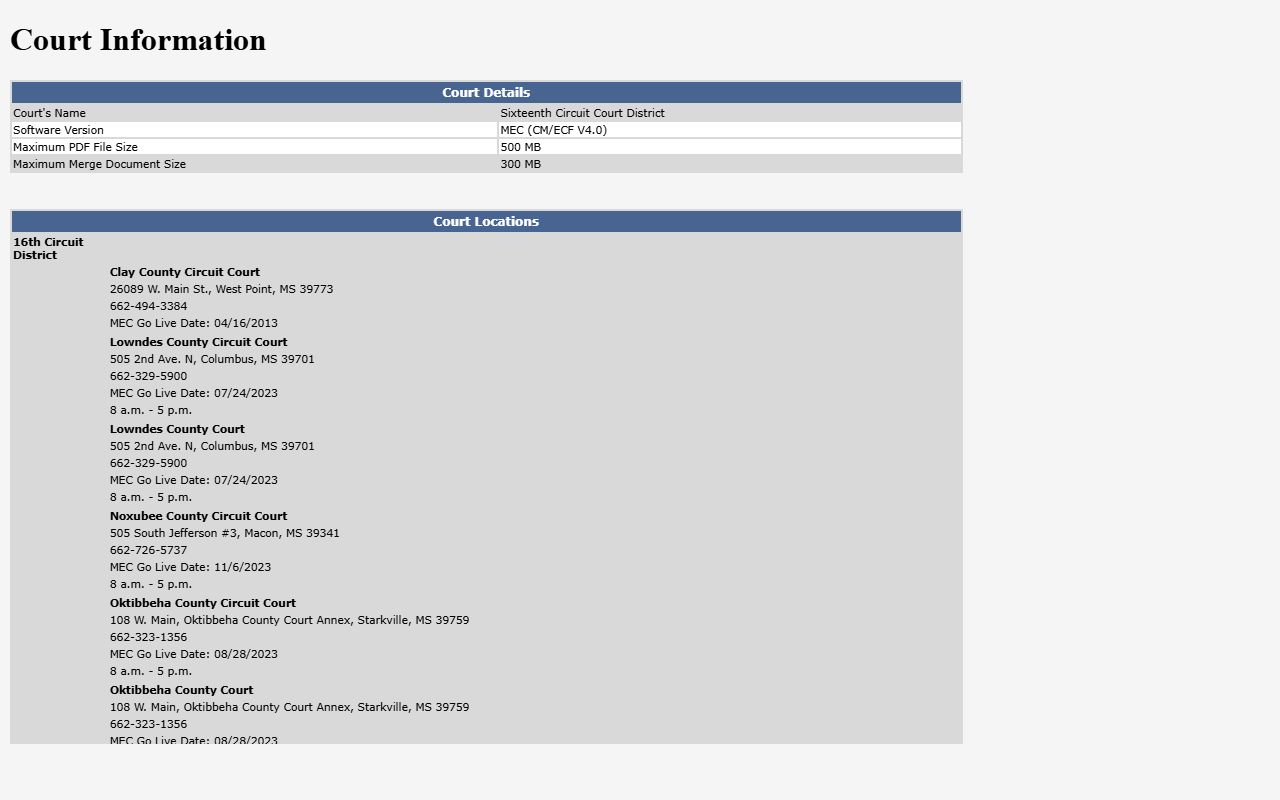 Lowndes County court dockets 16th Circuit MEC court information page