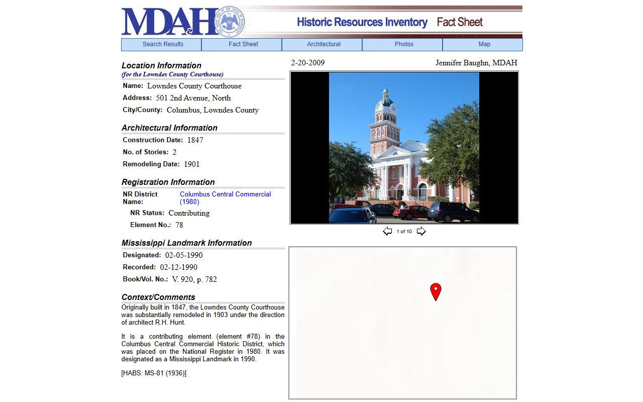 MDAH property record for the Lowndes County Courthouse