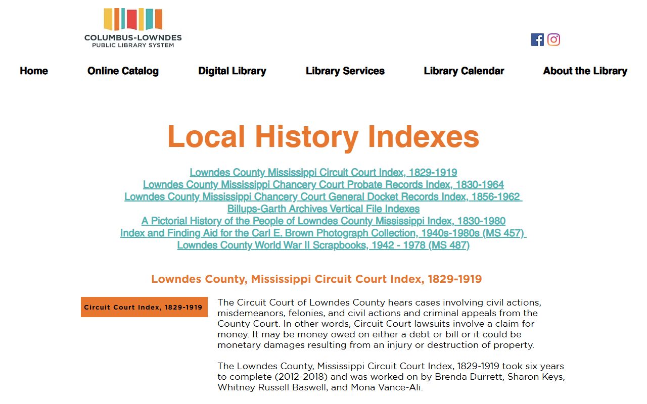 Lowndes County probate records historic index at the Columbus-Lowndes Public Library